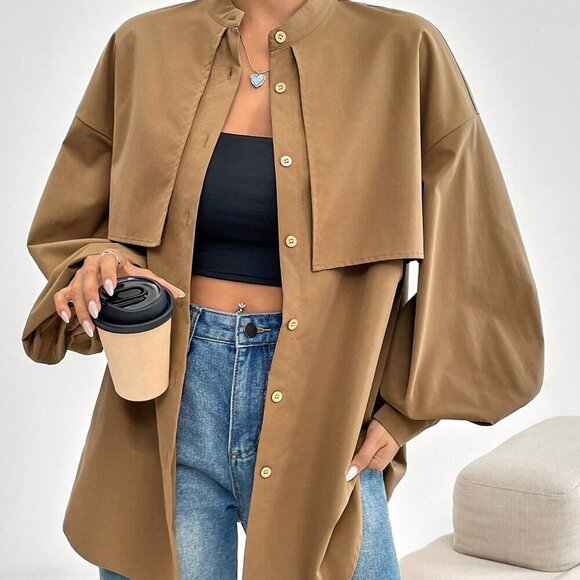 Casual Women's Lantern long Sleeve button down Blouse Tan - Picture 3 of 6